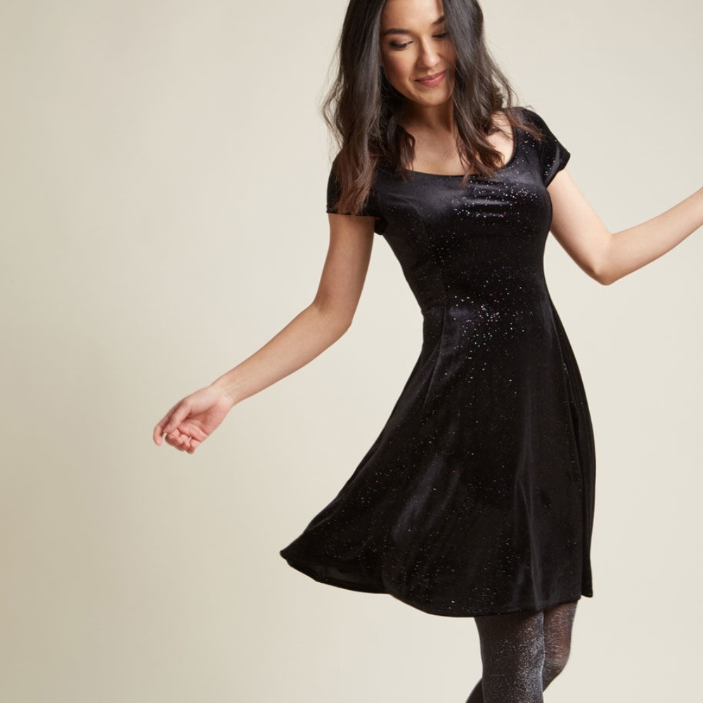 Velvet Vibes Skater Dress in Black Glitter